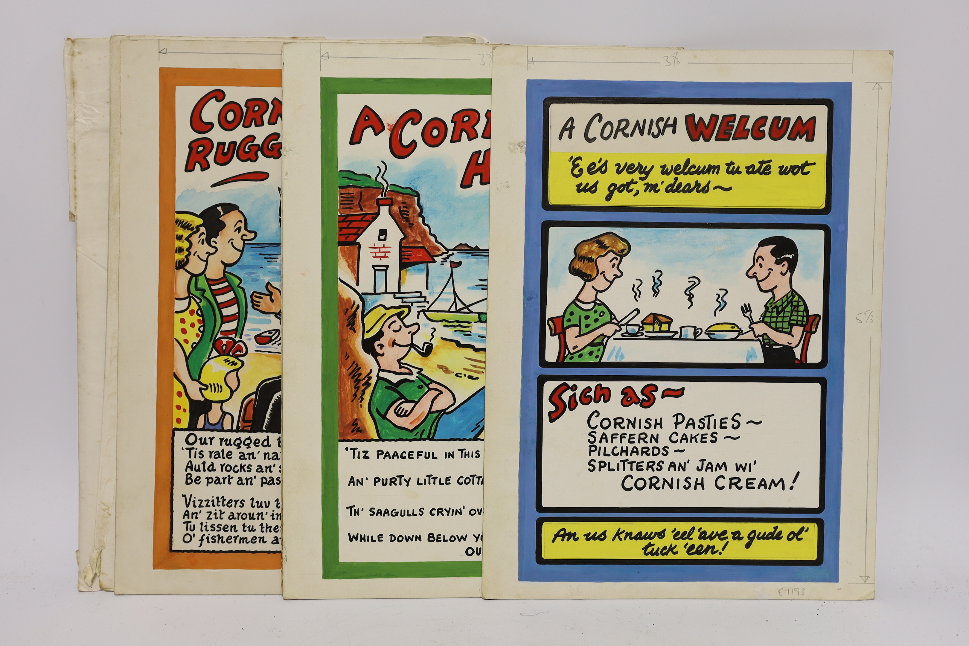 George Stillings, 'Stil' (1907-1967), set of six original gouache, postcard cartoon designs, Humorous Cornish subjects, 32 x 23cm, unframed